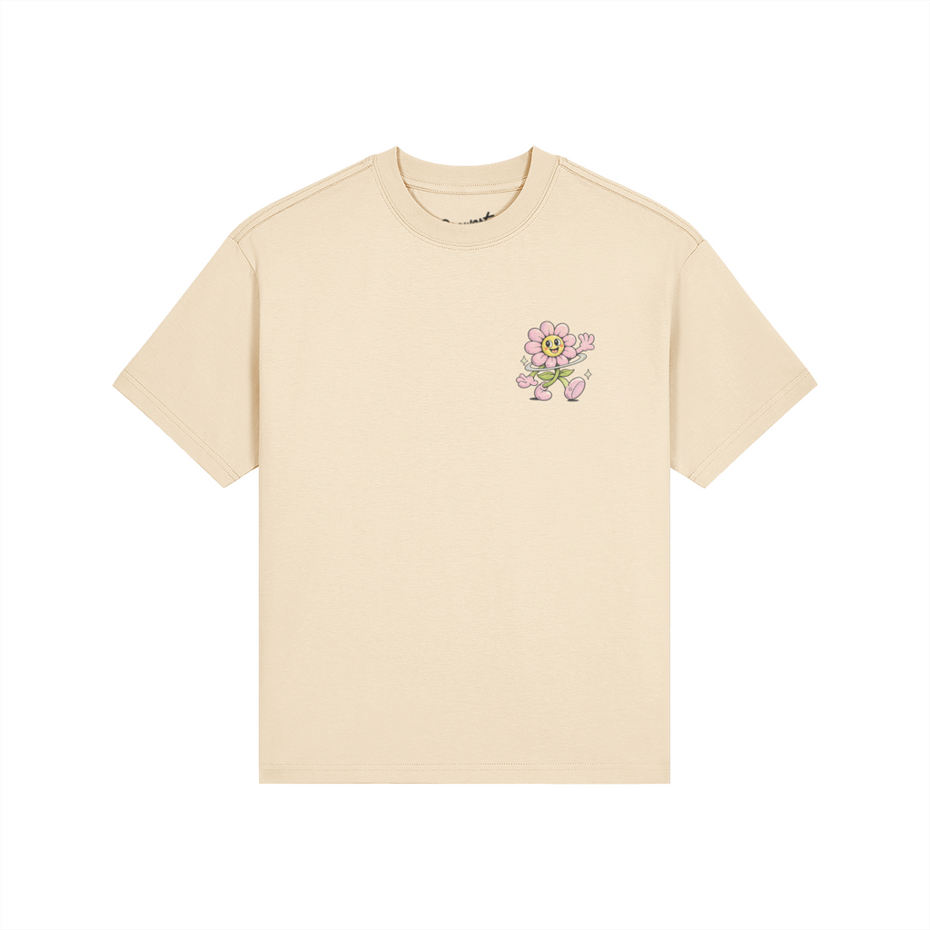 Cream-colored short-sleeve t-shirt on a white background with a small chest graphic of a smiling pink cartoon flower character waving, drawn in a playful retro style.