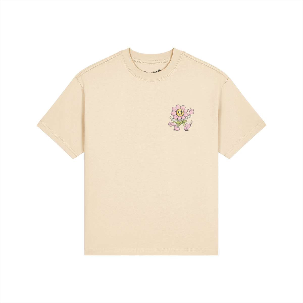 Cream-colored short-sleeve t-shirt on a white background with a small chest graphic of a smiling pink cartoon flower character waving, drawn in a playful retro style.