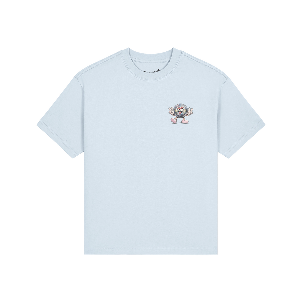 Light blue t-shirt with a small graphic on a white background