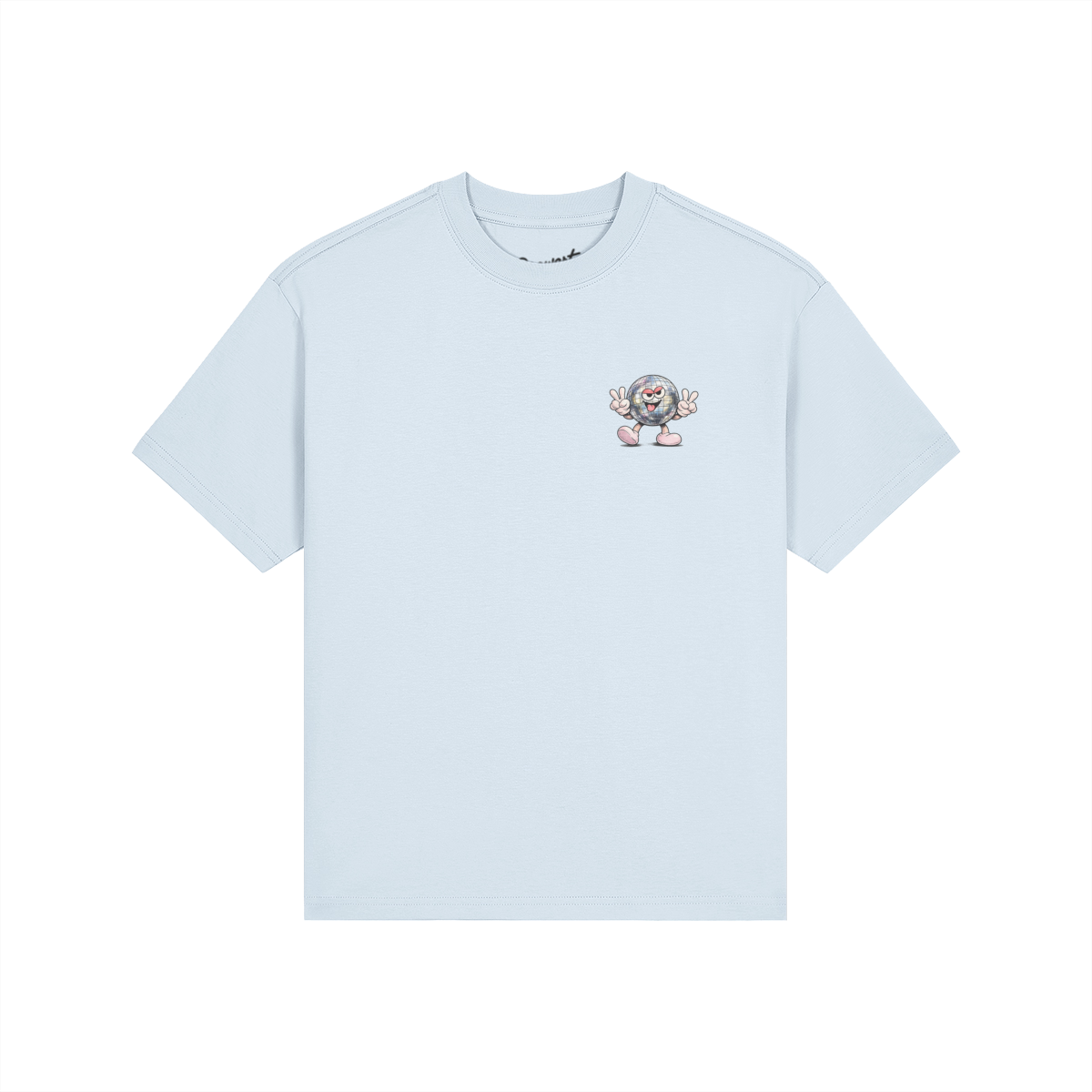 Light blue t-shirt with a small graphic on a white background